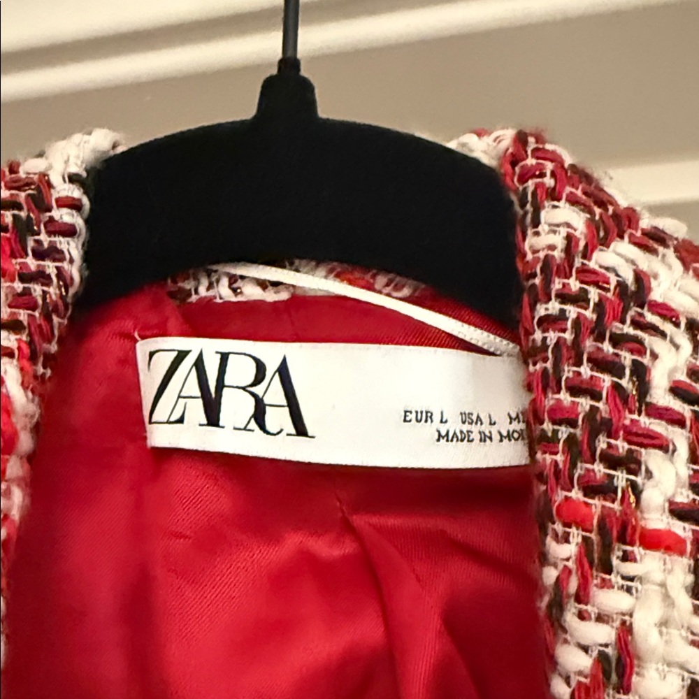 Zara - Women's Red, White Plaid Blazer & Red Skirt - Picture 3 of 6